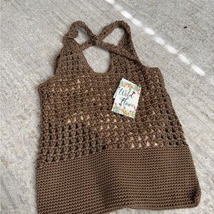Crochet Knit Tank Top Brown | Boho Festival Summer Top NWT